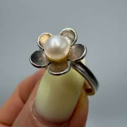 Vintage 925 Sterling Silver Pearl Flower Ring Floral Women’s Ring Size 6 us