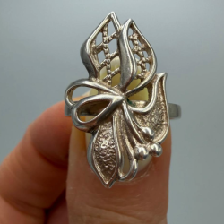 Vintage USSR 925 Sterling Silver Filigree Flower Bow Statement Ring Size 7.25 US