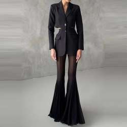 Elegant Women’s Blazer & Sheer Wide-Leg Pants Set – Luxury Modern Fashion Outfit