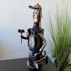 Vintage Metal Builder Wine Bottle Holder Stand Sculpture Tool Worker Bar Decor