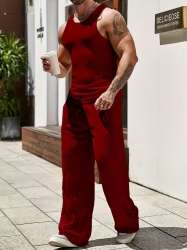 Men's Ribbed Fitness Set – Sleeveless Tank Top & Jogger Pants Two Piece Gym Outf