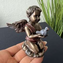 Cupid Angel with Dove Statue Bronze Finish Polystone Figurine Home Decor Gift