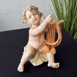 Vintage Unicorn Studio Porcelain Cherub Angel Harp Figurine Gift Box Home Decor