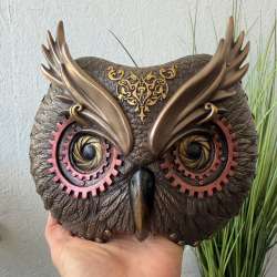 Bronze Owl Wall Mask Decor Steampunk Wisdom Polystone Sculpture Gift Box Decor