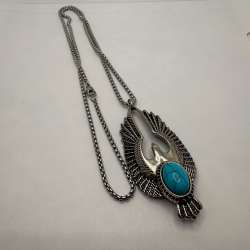 Egyptian Horus Falcon Wing Necklace Blue Turquoise Style Pendant Silver Tone Boh