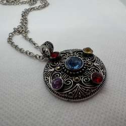 Vintage Filigree Pendant Necklace Multi Color Crystal Medallion Boho Statement