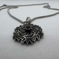 Vintage Gothic Red Crystal Pendant Necklace Silver Tone Filigree Floral Statemen