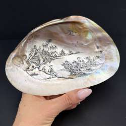 Vintage Mother of Pearl Shell Dish Hand Painted Asian Landscape Trinket Tray