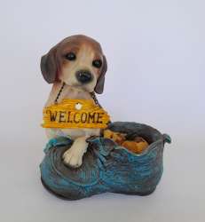 Vintage Ceramic Beagle Puppy Welcome Figurine In Decorative Boot Garden Decor