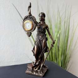 Themis Lady Justice Desk Clock Bronze Finish Legal Gift Polystone Statue Box