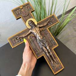 Large San Damiano Crucifix Wall Cross Bronze Finish Jesus Religious Decor Gift