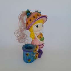 Cute Ceramic Girl Figurine Pencil Holder Sunflower Decor Handmade Style Souvenir