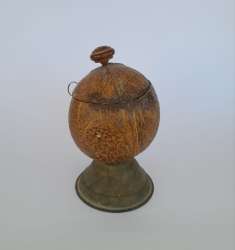 Vintage Natural Coconut Shell Jewelry Box with Lid Metal Stand Handmade Decor