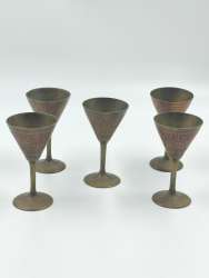 Vintage Brass Goblets Set – 5 Hand Engraved Chalice Cups with Red Floral Design