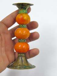 Vintage Brass & Orange Decorative Candlestick Holders – Pair – Retro Home Decor