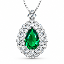 Pear Cut Simulated Emerald Double Halo Pendant Necklace For Women, Copper Plated