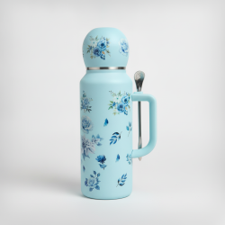 800ml Insulated Water Bottle Hot Cold Thermos Flask with Handle | Blue Floral Rose Design Travel Reusable