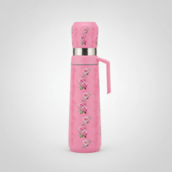 Elegant Pink Rose Floral Insulated Thermos Bottle with Cup & Handle for Hot Cold Coffee Tea Water Drinks