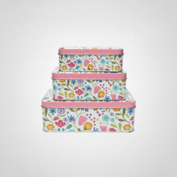 Set of 3 Nesting Floral Storage Tins Decorative Metal Rectangular Boxes Gift Cookie Tea Kitchen Organizer
