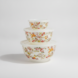 3-Piece Floral Nesting Mixing Bowls Set with Lids Durable Plastic Food Prep Storage Containers Kitchen