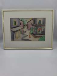 Signed M. Shaked Israeli Framed Artwork Village Scene With Certificate of Authen