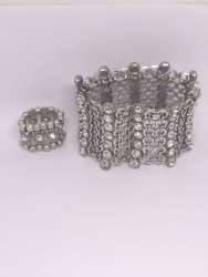 Vintage Wide Rhinestone Bracelet – Silver Tone Statement Cuff – 93g