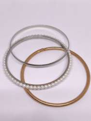 Vintage 3-Piece Bangle Bracelet Set – Faux Pearl, Gold & Silver Tone