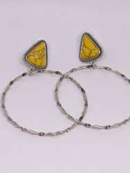 Boho Silver Tone Hoop Earrings with Yellow Turquoise-Look Stone