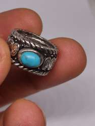 Vintage Boho Silver Tone Ring with Turquoise Look Stone – Wide Statement Ring