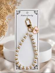 Faux Pearl Beaded Lanyard Necklace Gold Spacers Cute Pink Heart Bear Charm