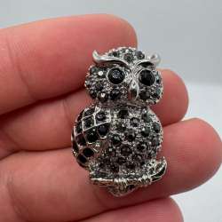 Vintage Black Crystal Owl Brooch Silver Tone Owl Pin Gift for Her