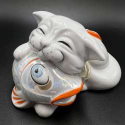 Vintage Porcelain Figurine Kitten with Fish Sumy Ukraine USSR Cat Statue
