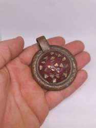 Vintage Handmade Copper Pendant with Mother of Pearl Mosaic – Large Artisan Neck