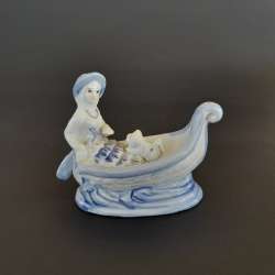 Vintage Porcelain Girl & Boat Figurine Small Dog Blue & White Hand Painted Decor