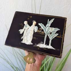 Vintage Asian Black Lacquer Mother of Pearl Jewelry Box Geisha Chinoiserie Gift