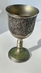 vintage silver-plated Kiddush cup  Etched wine goblet Glass grapevine design.