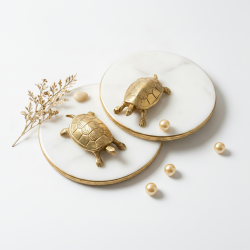 Elegant Golden Turtle Figurines with Marble Display Base - Luxury Home Decor