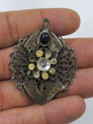 Vintage Brass Filigree Brooch with Rhinestone & Black Cabochon
