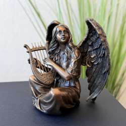 Angel with Harp Figurine Statue Bronze Finish Spiritual Home Decor Gift Italy