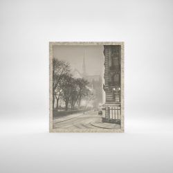 Framed Vintage Paris Notre Dame Cathedral Art Print Foggy Street Scene Cafe Brasserie Black White