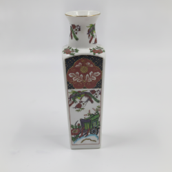 Vintage Japanese Decorative Mini Vase Hand-Painted Floral & Cart Scene Oriental Ceramic Art Decor