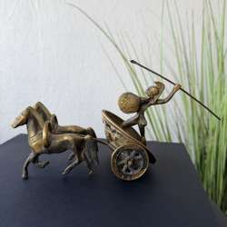 Vintage Roman Bronze Warrior in Horse Chariot Figurine Classical Ancient Decor