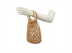 Boho Style Macramé Handbag - Wooden Handle with Leather Base - Small Summer Tote