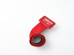 This is a wide, red women's fashion belt featuring a polished, patent-style fini