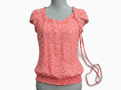 Women's Coral Polka Dot Blouse, Flutter Sleeve, Smocked Waist, Casual Summer Top
