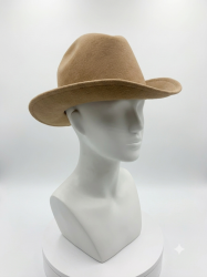These images feature a classic, tan-colored fedora hat.