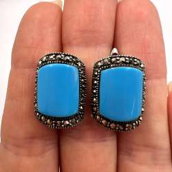 Vintage Sterling Silver 925 Woman's Jewelry Stud Earrings Turquoise Stone Marked