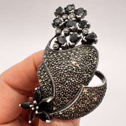 Large Vintage Sterling Silver 925 Women's Jewelry Pin Brooch Marcasite Signed