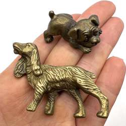 Two Miniature Vintage Collectible Bronze Brass Dogs Statue Figure Signed