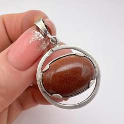 Vintage Sterling Silver 800 Women's Jewelry Pendant Aventurine Gemstone Signed